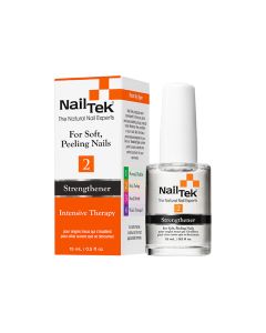 A clear 0.5 ounce bottle of Nail Tek Intensive Therapy 2 next to its white & orange themed retail box