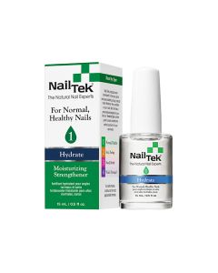 Front view of a 0..5 ounce Nail Tek Moisturizing Strengthener 1 next to its retail box with description printed on its side