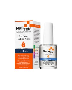 A clear 0.5 ounce bottle of Nail Tek Moisturizing Strengthener with white brush cap side by side with its retail box