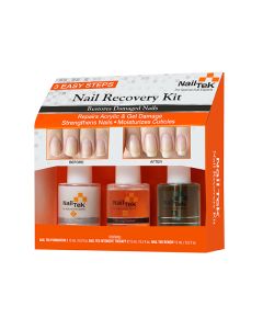 Windowed orange box displaying 3 pieces Nail Tek Nail Recovery Kit with an illustration of before & after results