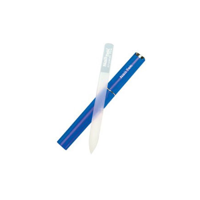 Nail Tek 5 inch Medium Crystal File laid on top of its Cobalt Blue Companion Case for travel