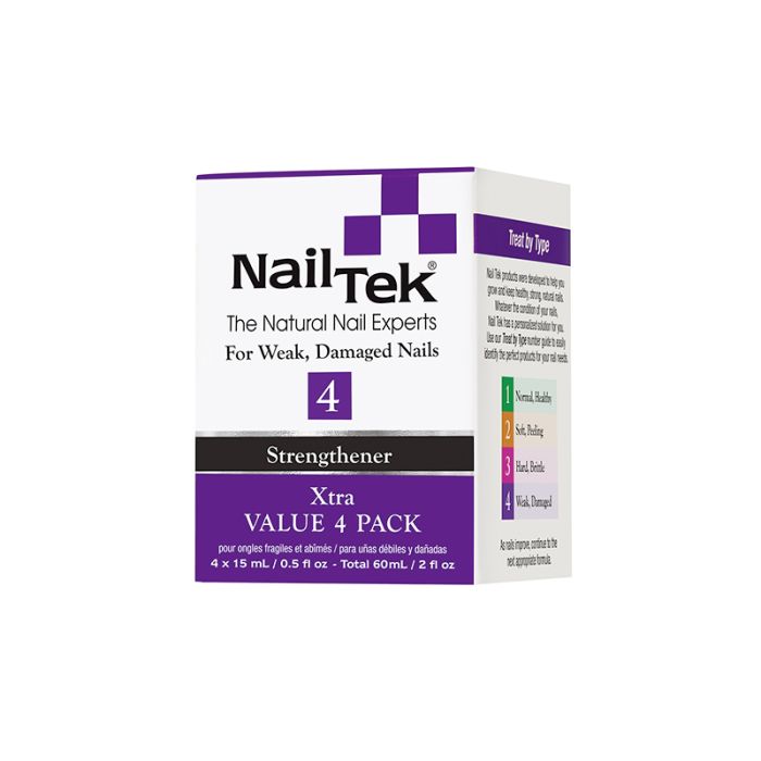 A purple & white themed Nail Tek Xtra 4 Pro Pack retail box with product description printed on its side