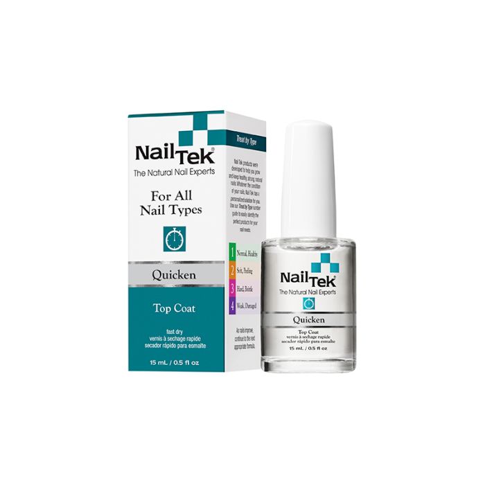 Front view of Nail Tek Quicken topcoat 0.5-ounce bottle with white brush cap side by side with its retail box packaging