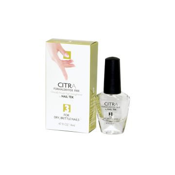 A 0.47 bottle of Nail Tek Citra 3 with a black brush cap with its retail box positioned to its right