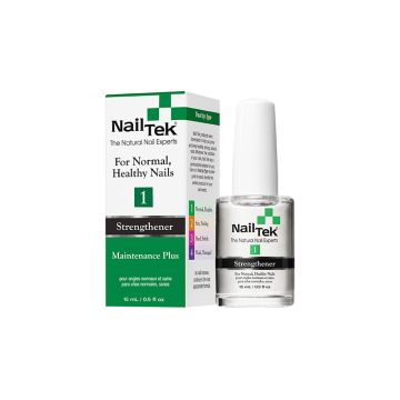 Nail Tek Maintenance 1 0.5 ounce bottle with clear liquid next to its retail box packaging featuring product description