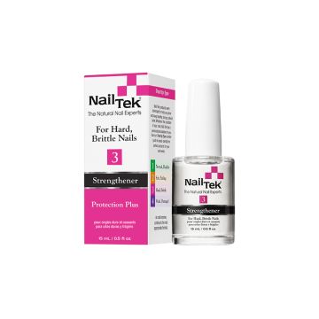0.5 ounce bottle of Nail Tek Protection Plus  3 featuring its white brush side by side with  its retail box packaging