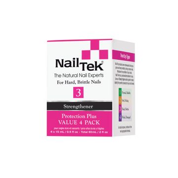 Front view of a pink & white themed Nail Tek Protection Plus 3 Pro Pack retail box 