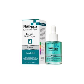 Clear 0.5 ounce bottle of Nail Tek Renew featuring its turquoise blue liquid contents next to its retail box packaging