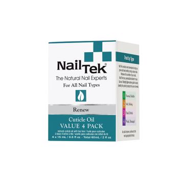 Front view of a White Nail Tek Renew Pro Pack Value 4 Pack retail box with blue green accents