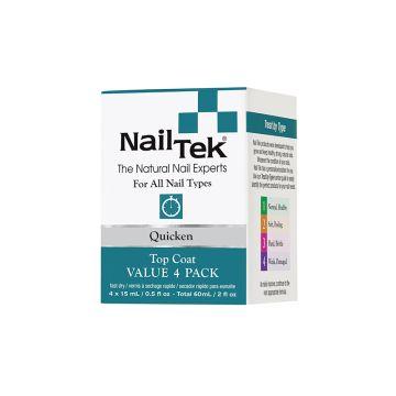Front view of Nail Tek Quicken Pro Pack retail box slightly turned to face its right showing product description on its side