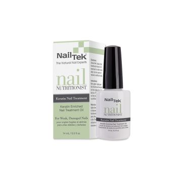 0.5 ounce bottle of Nail Tek Nutritionist Keratin with black brush cap next to its light green & white themed retail box