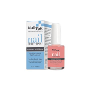 Nail Tek Nutritionist Hyaluronic Acid Masque 0.5 ounce bottle with brush cap next to its box printed with instructions